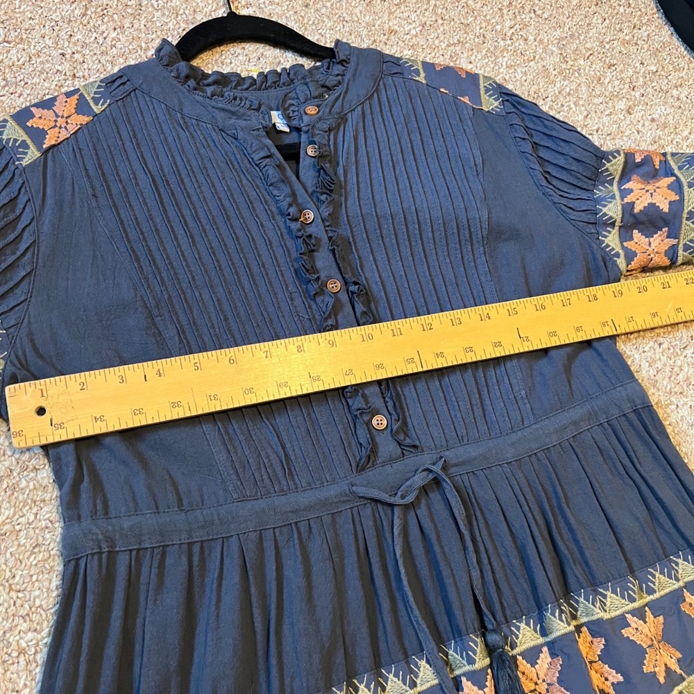 Ivy City Co Navy Blue Embroidered Cotton Gauze Tiered Midi Dress Boho Womens L - Picture 8 of 10